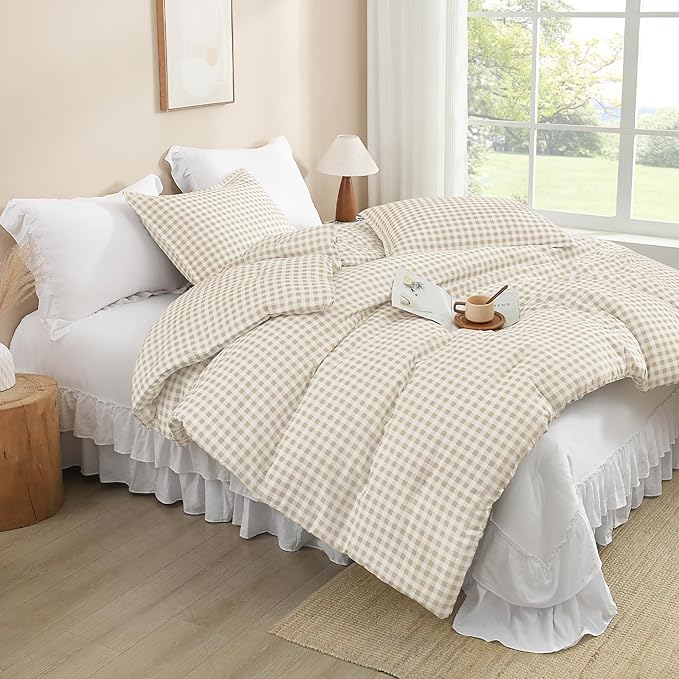 Andency Beige Gingham Comforter Set Queen(90x90Inch), Cream Checkered Grid Plaid Buffalo Bed Set for Girls Boys Kids Teens, 3 Pieces Lightweight Polyester Geometric Preppy Bedding