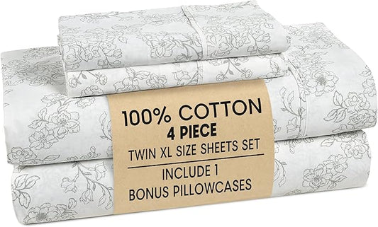 Casa Platino 100% Cotton Twin XL Sheet Set – 4 Piece Twin XL Sheet Set Twin XL with Crisp Cool & Soft Feel, with 15 Inch Deep Pocket Fitted Sheet, Breathable & Cozy for a Good Nights Sleep – Ashpetal