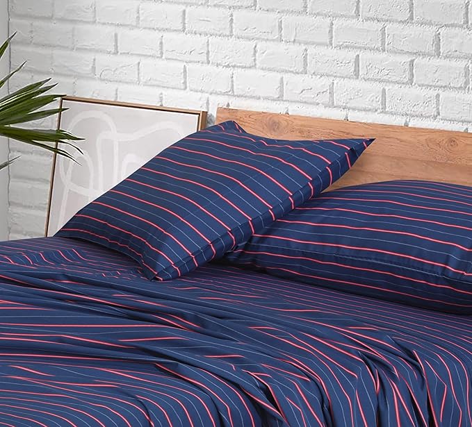 RUVANTI 100% Cotton Sheets – Queen Size Percale Bedding, Cooling & Breathable Floral Design, Durable with a Crisp, Soft & Comfortable Feel, 16" Deep Pocket, 4-Piece Set, Nautical