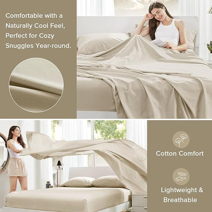 Comfort Spaces 100% Cotton Sheets King, Breathable & Ultra Soft Cotton Sheets, Naturally Cool Cotton Bed Sheets with 14" Elastic Pocket Fits up to 16" Mattress, All Seasons Sheet Set, Cream 4 Piece