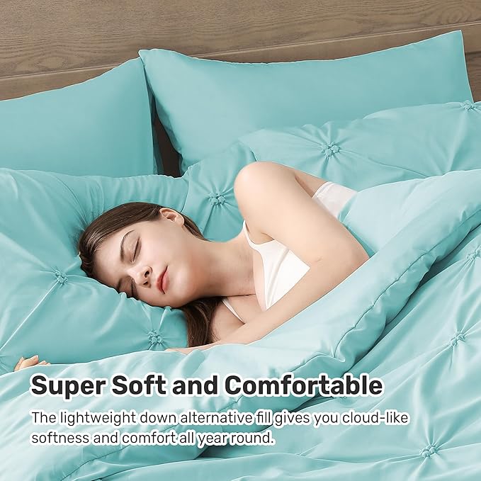 UNIKOME King Size Comforter Set Aqua Blue - Ultra Soft Boho Pintuck Down Alternative Bedding Set for All Seasons, 3 Pieces Lightweight Warm Pinch Pleat Bed Set with Comforter, 2 Pillowcases