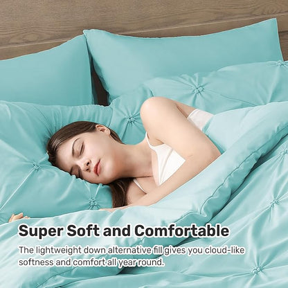 UNIKOME King Size Comforter Set Aqua Blue - Ultra Soft Boho Pintuck Down Alternative Bedding Set for All Seasons, 3 Pieces Lightweight Warm Pinch Pleat Bed Set with Comforter, 2 Pillowcases