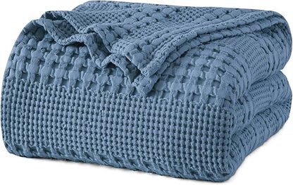 PHF 100% Cotton Waffle Weave Blanket Queen Size for Bed, Soft Lightweight & Breathable for Spring and Summer, All-Season Comfort, Luxury Aesthetic Blanket for Home Decor, 90"x90", Denim Blue