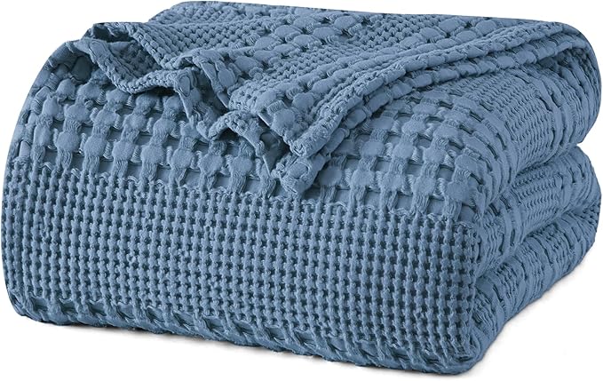PHF 100% Cotton Waffle Weave Blanket Twin Size for Bed, Soft Lightweight & Breathable for Spring and Summer, All-Season Comfort, Luxury Aesthetic Blanket for Home Decor, 66"x90", Denim Blue