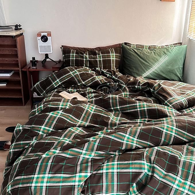 Brown & Green Buffalo Plaid Duvet Cover Set Twin 3 Piece Vintage Checkered Grid Bedding Set 100% Washed Cotton Plaid Comforter Cover Farmhouse Grid Pattern Breathable Duvet Cover with 2 Pillowcases