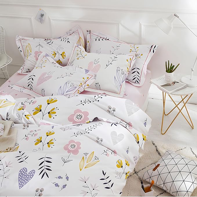 HighBuy Girls Comforter Set Twin XL White Pink Floral Bedding Sets for Kids Girl Cottagecore 3 Piece Botanical Bedding Comforter Boho Bed Set,1 Comforter and 2 Pillowcases for All Season,Twin XL