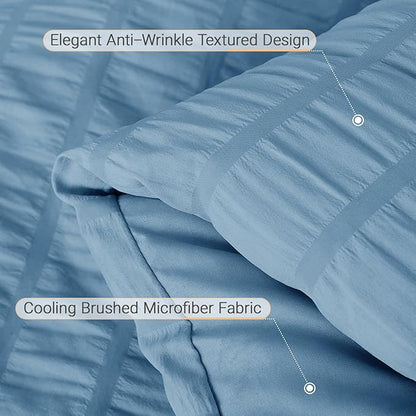MUXHOMO 7 Pieces Full Comforter Set, Seersucker Bed in a Bag Full Size, All Season Luxury Bedding Set with Comforter, Flat Sheet, Fitted Sheet, Pillowcases & Shams, Mineral Blue