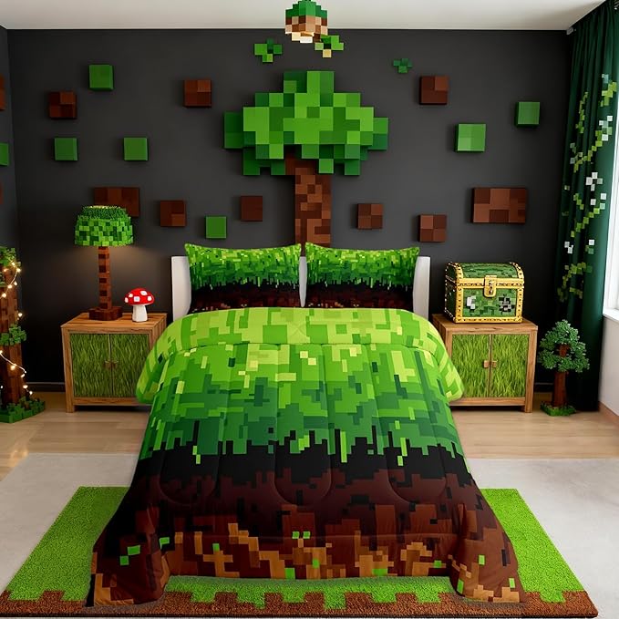 Manfei Pixelated Kids Comforter Set Queen Size,Patchwork Grid Video Games Bedding Set,Boys Room Decor,Miners Lattice Simple Quilt Comforter,Brown Green Duvet Set Bedroom Quilt Set,2 Pillowcases