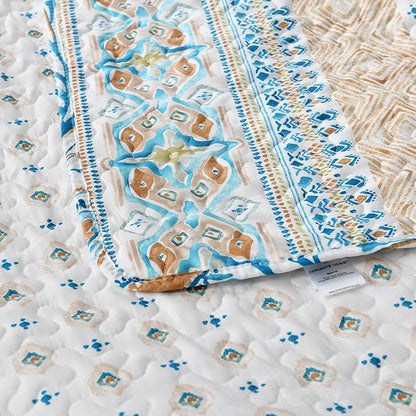 Boho Style Queen Quilt Set Reversible Bohemian Paisley Teal Quilt Beddding Set, Soft and Lightweight Bedspread for All Season, Full Size Bed Coverlet with 2 Matching Pillow Shams (3 Pieces)