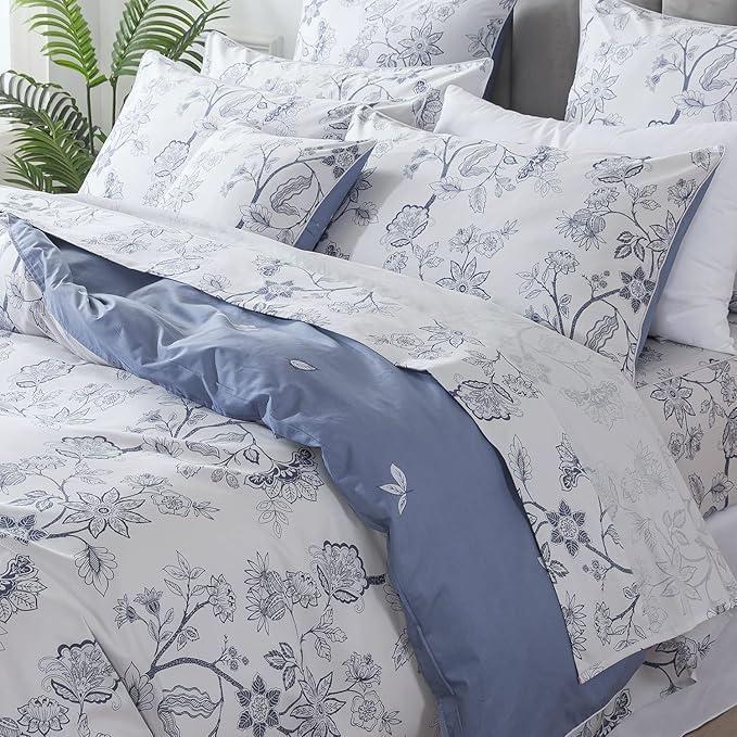 FADFAY Duvet Cover Set Full Floral Bedding Percale Cotton 600 TC Classical Toile Luxury Reversible Light Blue Shabby Vintage Farmhouse Bedding Minimalist Chic Comforter Cover Soft Breathable 3Pcs