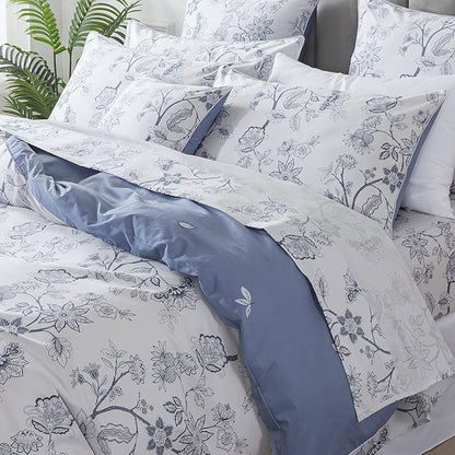 FADFAY Duvet Cover Set King/Cal King Floral Bedding Percale Cotton 600 TC Classical Toile Luxury Reversible Light Blue Shabby Vintage Farmhouse Minimalist Chic Comforter Cover Soft Breathable 3Pcs