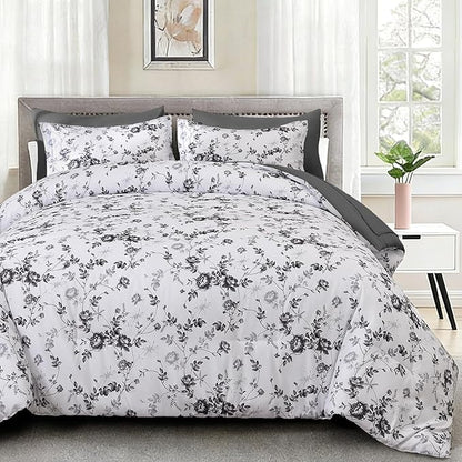 Luxudecor Floral Queen Comforter Set 7 Pieces Bed in a Bag, Black Rose Romantic Flower Bed Set, Soft Reversible Comforter with Sheet Set 90"x90"
