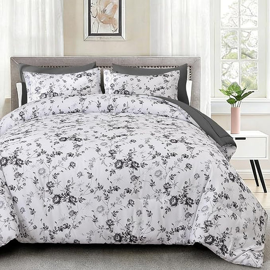 Luxudecor Floral King Comforter Set 7 Pieces Bed in a Bag, Black Rose Romantic Flower Bed Set, Soft Reversible Comforter with Sheet Set 104"x90"