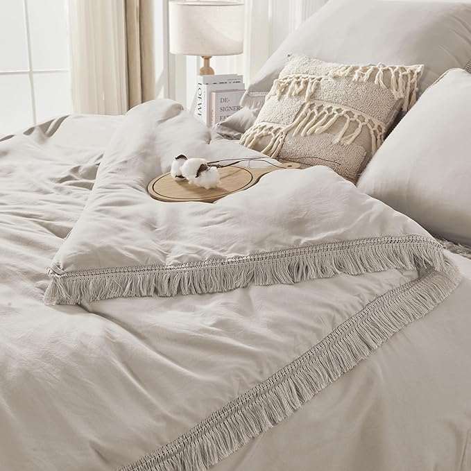 Andency Queen Comforter Set with Sheets Heather Grey - 7 Pieces Boho Tassel Bed in a Bag Soft Lightweight Bedding Sets, Fringe Bed Set with Comforter, Sheets, Pillowcases & Shams