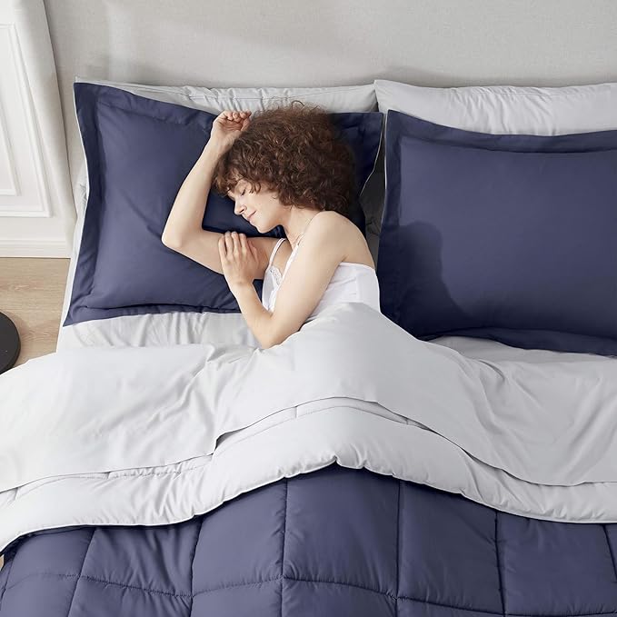 Nestl 7 Piece Queen Comforter Set – Navy Reversible Bed in a Bag – Complete Queen Size Bedding Set with Sheets, Pillowcases and Shams