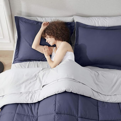 Nestl 7 Piece King Comforter Set – Navy Reversible Bed in a Bag – Complete King Size Bedding Set with Sheets, Pillowcases and Shams
