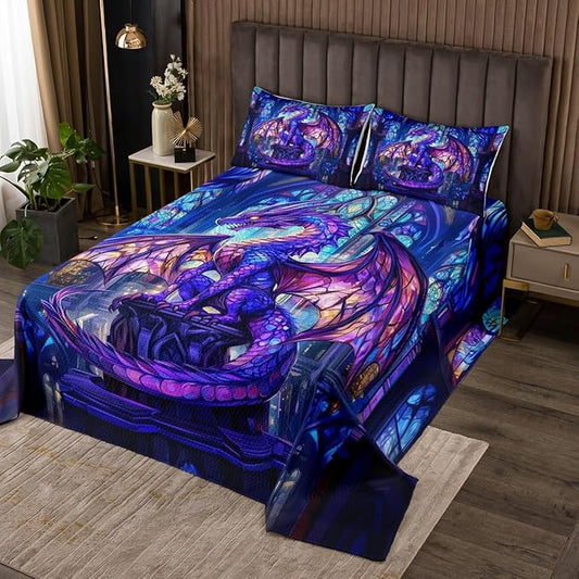 Western Dragon Kids Bedspread King Size,Flying Wing Purple Dragon Coverlet Set,Boys Girls Room Decor,Castle Tale Trippy Animal Geometric Quilted Coverlet,Blue Christmas Bedding Quilt,2 Pillowcases