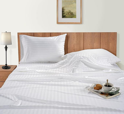 LANE LINEN Striped Sheets Set - 100% Egyptian Cotton 4 Piece Bed for King Size Hotel Bedding & Pillowcases 16" Deep Pocket (Fits Upto 17" Mattress) White
