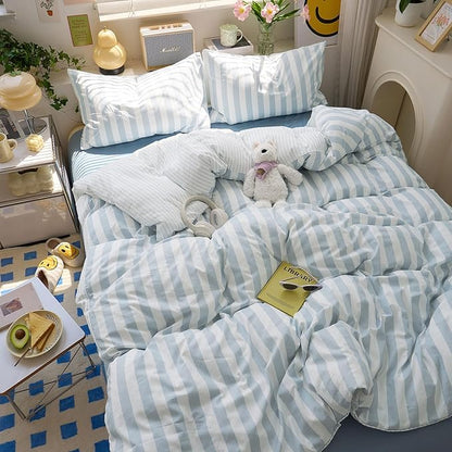 EAVD Retro Blue Striped Duvet Cover Twin Soft Washed Microfiber Reversible Vertical Striped Percale Bedding Set with 2 Pillowcases Farmhouse Geometric Pattern Duvet Cover with Zipper Closure