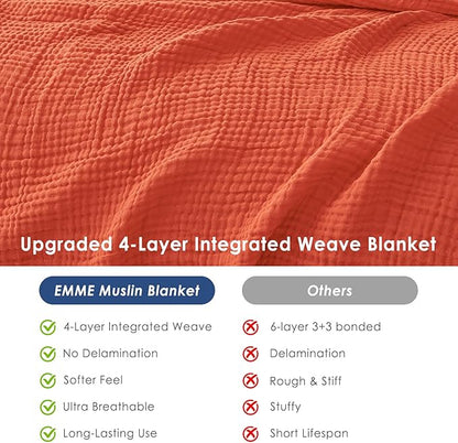 EMME Cotton Muslin King Blanket Bed Layering Bedspread Coverlet Breathable Gauze Soft Lightweight (Heather Orange Rust, 108"x90")