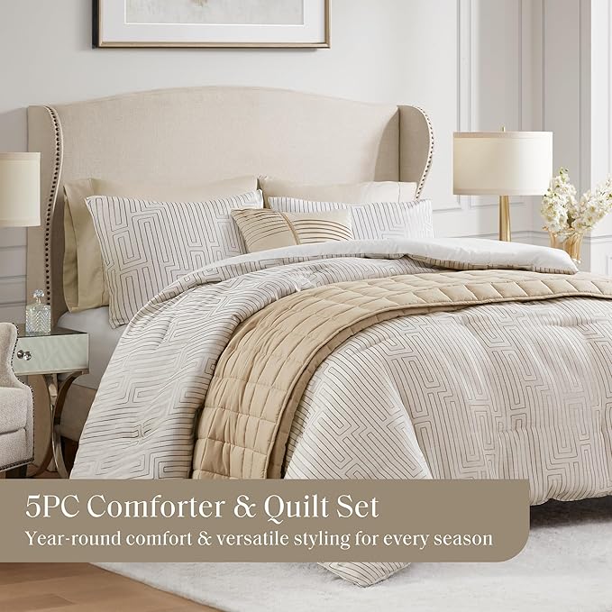Madison Park Cal King Comforter Set Jacquard Metallic Thread Comforters, All Season Comforter & Quilt Bed Set Cal King Size Comforter, Pillow, Shams, Royce, Cal King Ivory 5 Piece