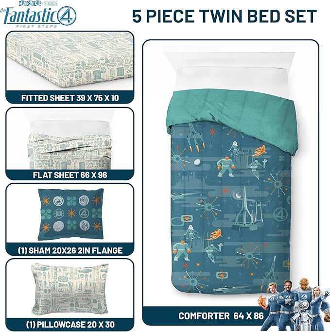 Jay Franco Comforter Set Includes Sheets and Pillow Covers - Soft and Cozy Bed Set for Stylish Room Decor, Blue - The Fantastic Four, 5 Piece Twin Size Bedding
