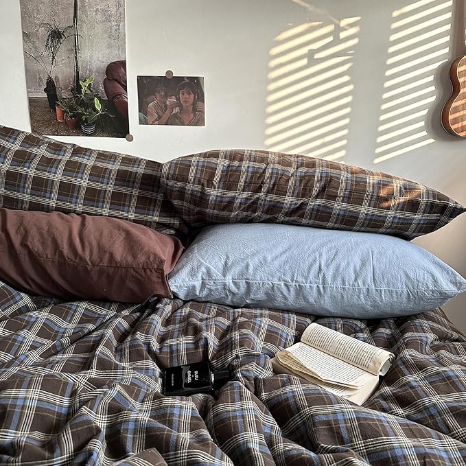 mixinni Vintage Blue & Brown Buffalo Plaid Comforter Set King Size - 3-Piece Washed Cotton Soft Geometric Checkered Pattern Bedding Set for All-Seasons Lightweight & Breathable-King Size