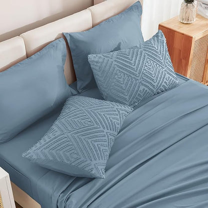 Andency Grayish Blue Super King Size Comforter Set with Sheets - 7 Pieces Bed in a Bag Boho Tufted Bedding Sets Fluffy Lightweight Super King Bed Set with Comforter, Sheets, Pillowcases & Shams