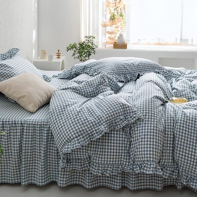 mixinni Blue White Gingham Ruffle Duvet Cover Full Size 3 Pieces – 100% Washed Cotton, Vintage Plaid Ruffled Bedding Set with Zipper Ties, Soft Checkered Grid Farmhouse Chic Comforter Cover Set
