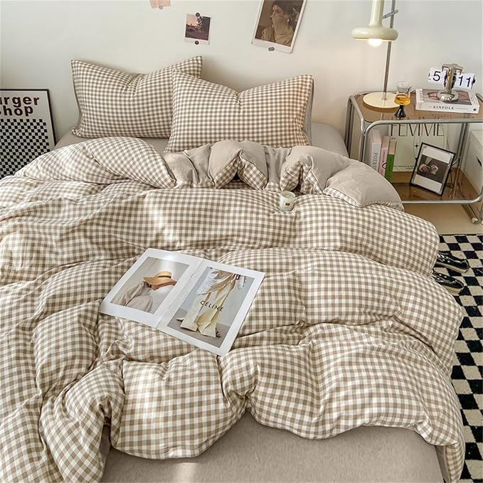 Nayoroom Gingham Duvet Cover Queen Size Brown Tan Plaid Checkered Comforter Cover Grid Farmhouse Bedding Set 3 Pcs Soft Breathable Washed Microfiber Gifts for Women Men