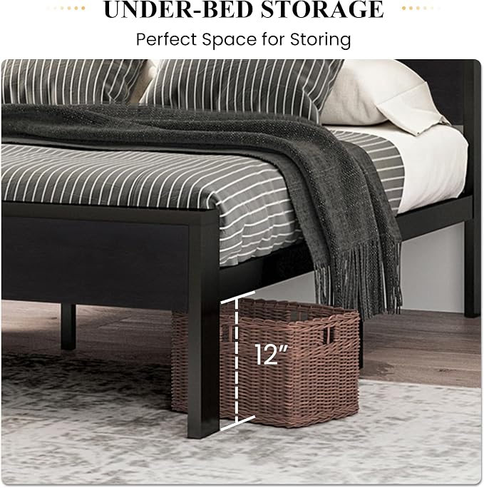 SHA CERLIN Full Size Bed Frame, Wooden Headboard and Footboard, Black Oak | Rounded Corners, 12 Metal Slats, Noise-Free Design, 12-Inch Storage, No Box Spring, 40-Minute Assembly
