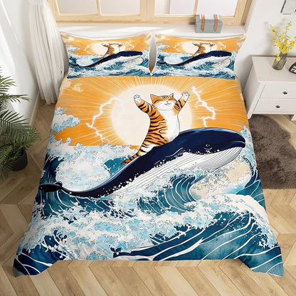 Feelyou Cute Cat Whale Bedding Set Full Size Japanese Ukiyoe Theme Duvet Cover for Adult Kids Boys Girls Cartoon Anime Comforter Cover Set Navy Blue Bedspread Cover 3Pcs Zipper