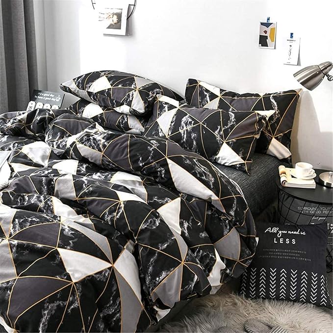 Cottonight Black Queen Comforter Set Geometric Black Marble Bedding Comforter Set Full Plaid Cotton Modern Lightweight Black White with Gold Lines Comforter for Women Men