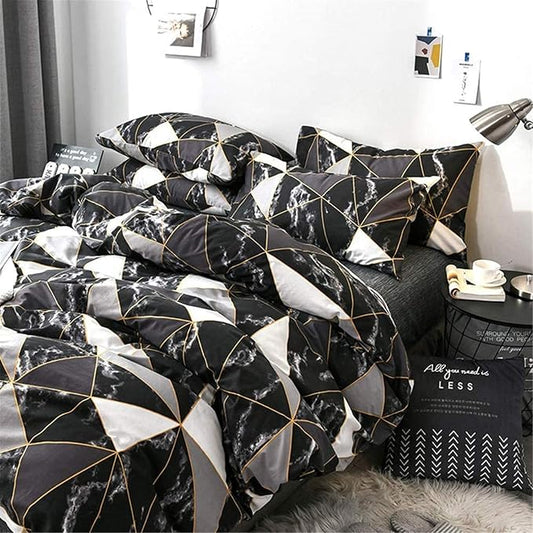 Cottonight Black Queen Comforter Set Geometric Black Marble Bedding Comforter Set Full Plaid Cotton Modern Lightweight Black White with Gold Lines Comforter for Women Men