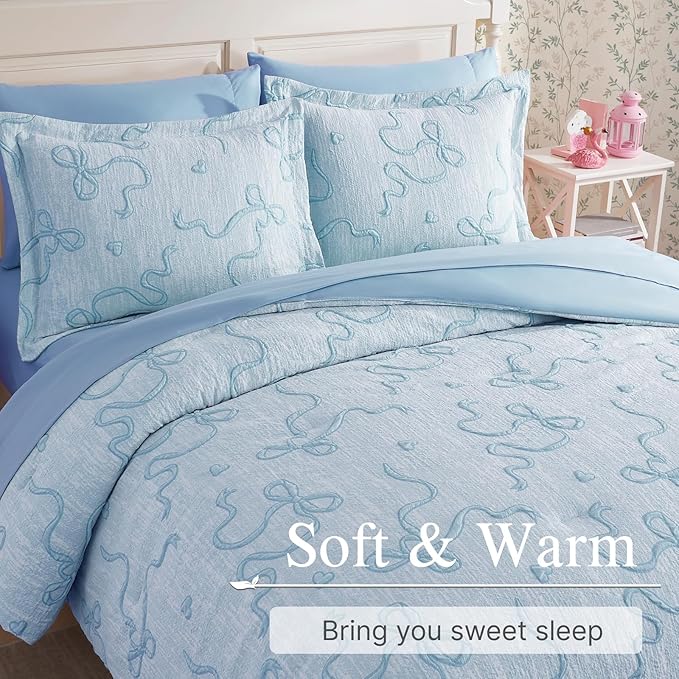 Geniospin Light Blue Full Comforter Set for Girls- 7 Pieces Bowknot Jacquard Bed in A Bag Full Bedding Sets with Sheets, Pillowcases & Shams, All Season Kids Comforter Set