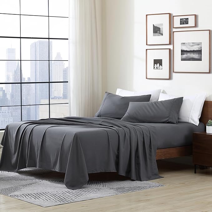 Cathay Home Essentials Ultra Soft Hypoallergenic Wrinkle Resistant Double Brushed Microfiber Bedding Sheet Set, Gray, California King
