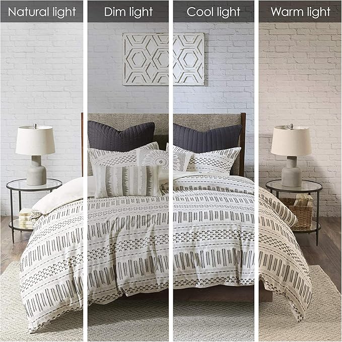 INK+IVY Luxurious Cotton-Bedding Set - Mid Century Trendy Geometric Design, All Season Cozy-Cover With Matching-Shams, King/Cal King, Rhea Jacquard Ivory/Charcoal