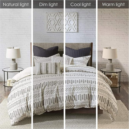 INK+IVY Luxurious Cotton-Bedding Set - Mid Century Trendy Geometric Design, All Season Cozy-Cover With Matching-Shams, King/Cal King, Rhea Jacquard Ivory/Charcoal