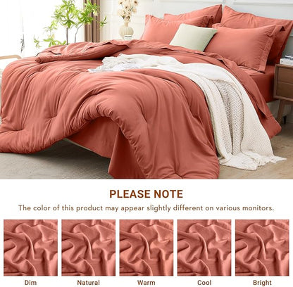 MUXHOMO 7 Pieces Queen Comforter Set, Soft Bed in a Bag Queen Size, All Season Bedding Set with Comforter, Flat Sheet, Fitted Sheet, Pillowcases & Shams, Coral Red