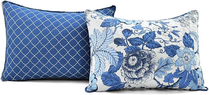 Lush Decor Sydney Reversible Cotton Quilt Set, 3 Piece Set, Full/Queen, Navy & White - Cotton Bedding Set - Navy Floral Quilt - Cottage Decor - Bedding Queen Size