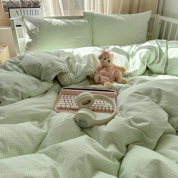 Green Gingham Twin XL Comforter Set Boho Plaid Bedding Set Down Alternative Fluffy Lace-Trimmed Lightweight Bedding Comforter Set Soft Microfiber Breathable Cute Comforter with 2 Pillowcases
