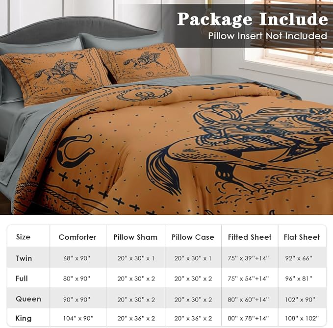 Comforter Set Queen Size, Western Cowboy Retro 7 Pcs Bedding for Kids and Adults, Vintage Horse Animal Bed Sheet Sets with Fitted Sheet 2 Pillowcases & 2 Shams for Bedroom Bed Decor
