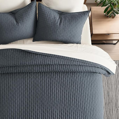 EVERGRACE Cross Stitch Pre-Washed Cotton Quilt Bedding Set Queen Size, Oversized 3 Pieces Lightweight Bedspread Coverlet for All Season, with 2 Matching Shams, Midnight Blue, 92"x96"