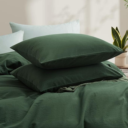 LOVQUE Forest Green Duvet Cover Full Size, 100% Washed Cotton Linen Like Bedding Set with Zipper Closure (No Comforter), 80x90 Inches
