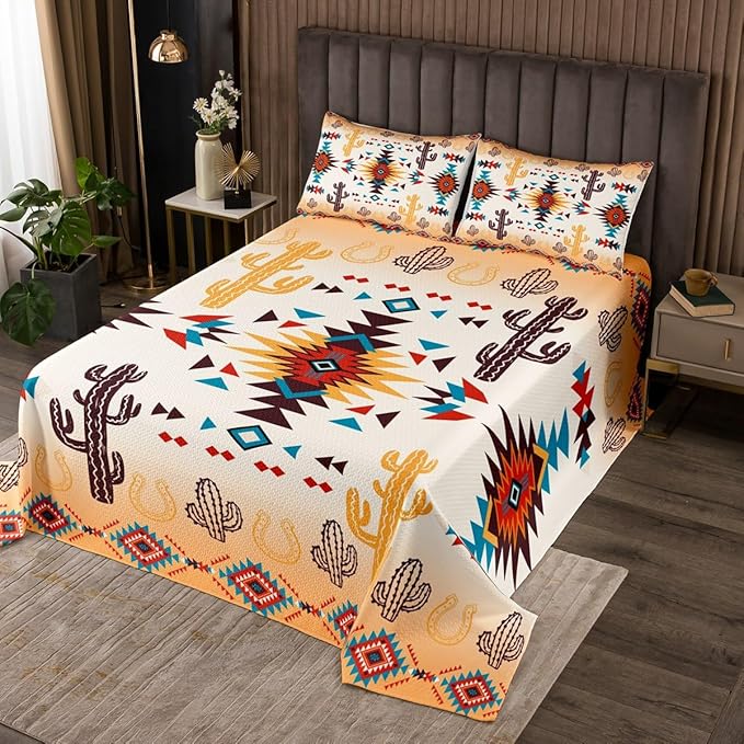Manfei Geometric Aztec Arrow Kids Bedspread Queen Size,Western Cowboy Horseshoe Cactus Coverlet Set,Boys Girls Room Decor,Native Tribal Ethnic Quilted Coverlet,Rustic Bedding Quilt,2 Pillowcases