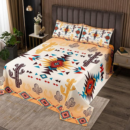 Manfei Geometric Aztec Arrow Kids Bedspread Queen Size,Western Cowboy Horseshoe Cactus Coverlet Set,Boys Girls Room Decor,Native Tribal Ethnic Quilted Coverlet,Rustic Bedding Quilt,2 Pillowcases