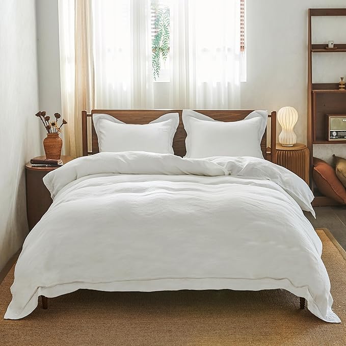 Simple&Opulence 100% Washed Linen Duvet Cover with Embroidered, 2 Pieces Soft Farmhouse Comforter Set with Button Closure,1 Duvet Cover and 1 Pillowsham(Twin,White)