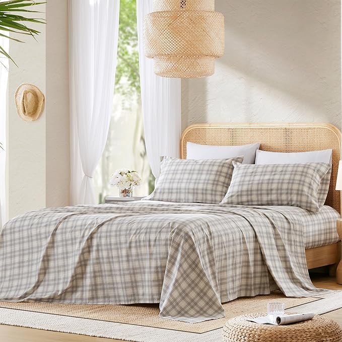 Comfort Spaces 100% Cotton Sheets Queen, Breathable, Naturally Cool Cotton Sheets, Soft Cotton Bed Sheets with 14" Elastic Pocket Fits up to 16" Mattress, All Seasons Sheet Set, Wesley Taupe 4 Piece