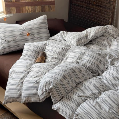 VM VOUGEMARKET Washed Cotton Duvet Cover King – Minimalist Neutral Tone, White Black Stripes,Breathable Lightweight Bedding Set for Contemporary Homes