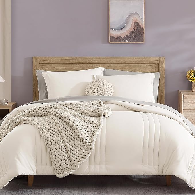 Monbix Full Comforter Set - 7 Pieces White Bed in a Bag Full Size Bedding Sets with Comforters, All Seasons Comforter with Sheets,Pillowcases & Shams